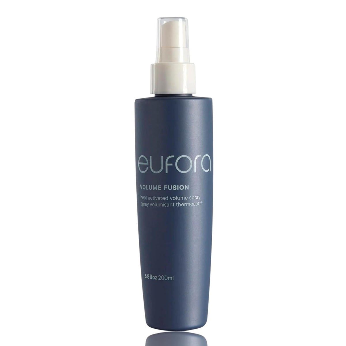 Eufora Volume Fusion bottle shows heat-activated spray for added body and lift.