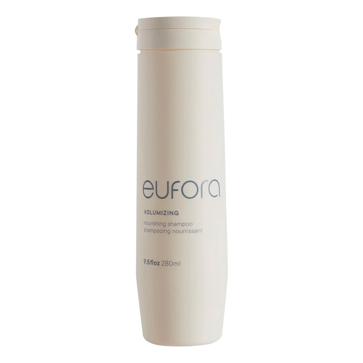 Eufora Volumizing Shampoo bottle showing root lift and fuller-looking hair.