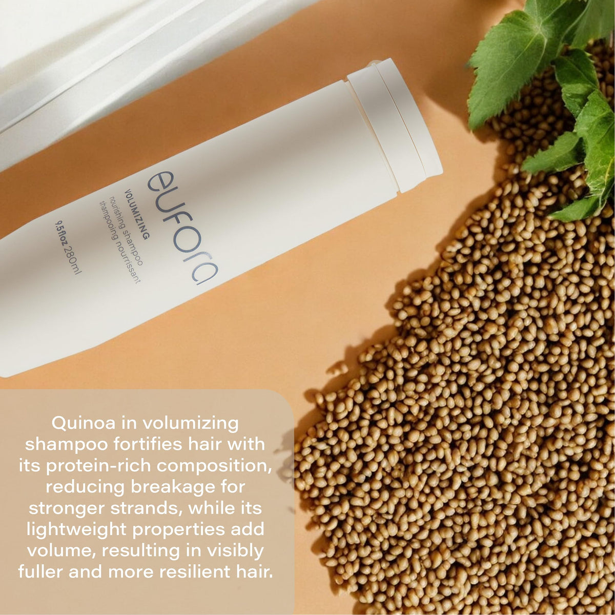 Eufora Volumizing Shampoo fibers close-up illustrating thicker hair texture.