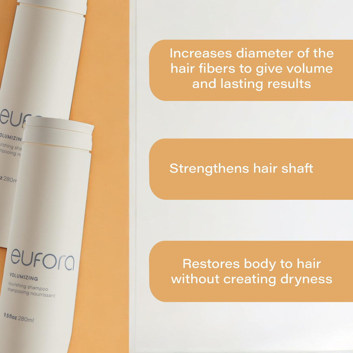 Close-up of Eufora Volumizing Shampoo lather delivering lightweight cleansing.