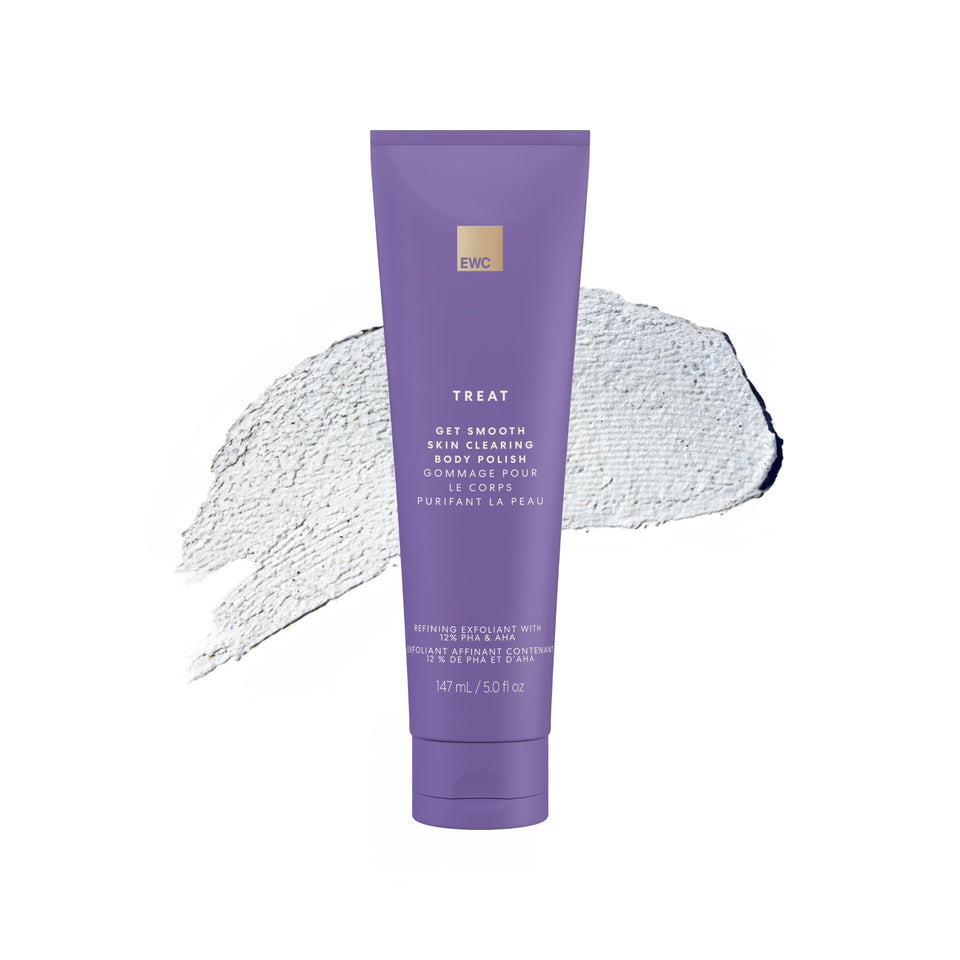 European Wax Center Get Smooth Skin Polish bottle pouring exfoliant for smoother texture
