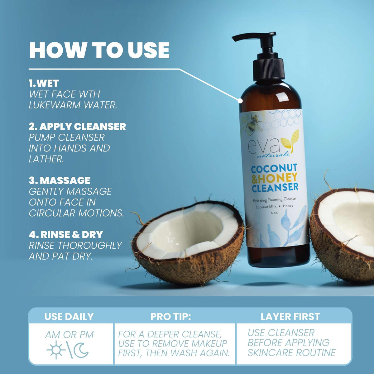Ingredients shot featuring honey and aloe suggests natural hydration from Eva Naturals