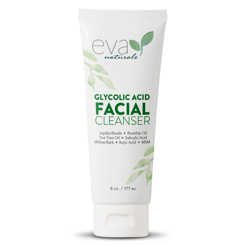 Eva Naturals Glycolic Acid Cleanser bottle on a clean surface for radiant skin