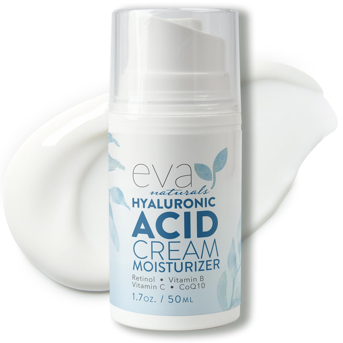 Eva Naturals Hyaluronic Acid Face Cream jar showing deep hydration for a plump look