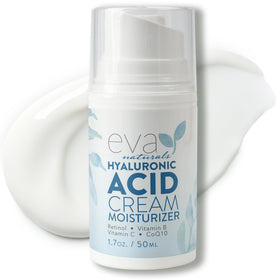 Eva Naturals Hyaluronic Acid Face Cream jar showing deep hydration for a plump look