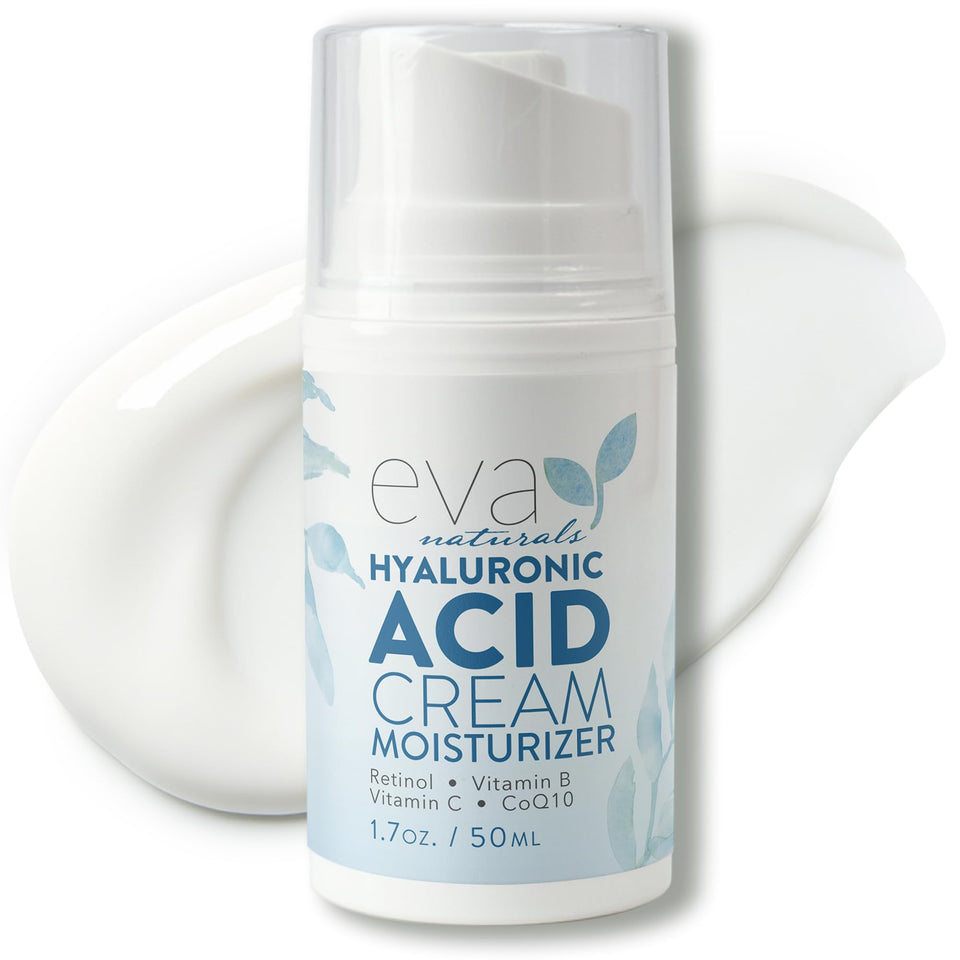 Eva Naturals Hyaluronic Acid Face Cream jar showing deep hydration for a plump look