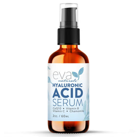 Eva Naturals Hyaluronic Serum bottle close-up showing premium hydration for daily skincare.