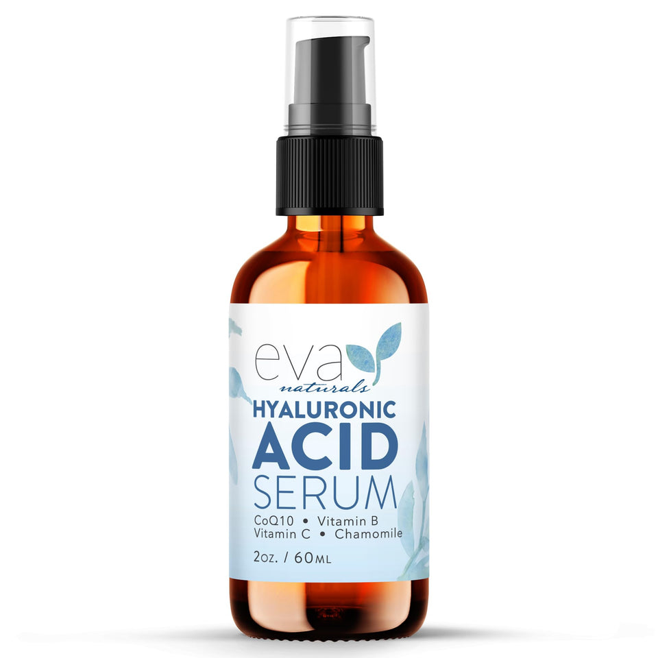 Eva Naturals Hyaluronic Serum bottle close-up showing premium hydration for daily skincare.