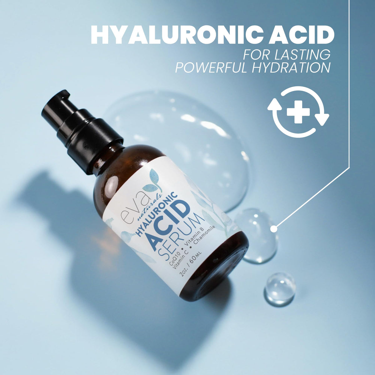 Packaging of Eva Naturals Hyaluronic Serum with bilingual English and French labeling.
