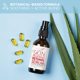 Lightweight formula shown beside other skincare products