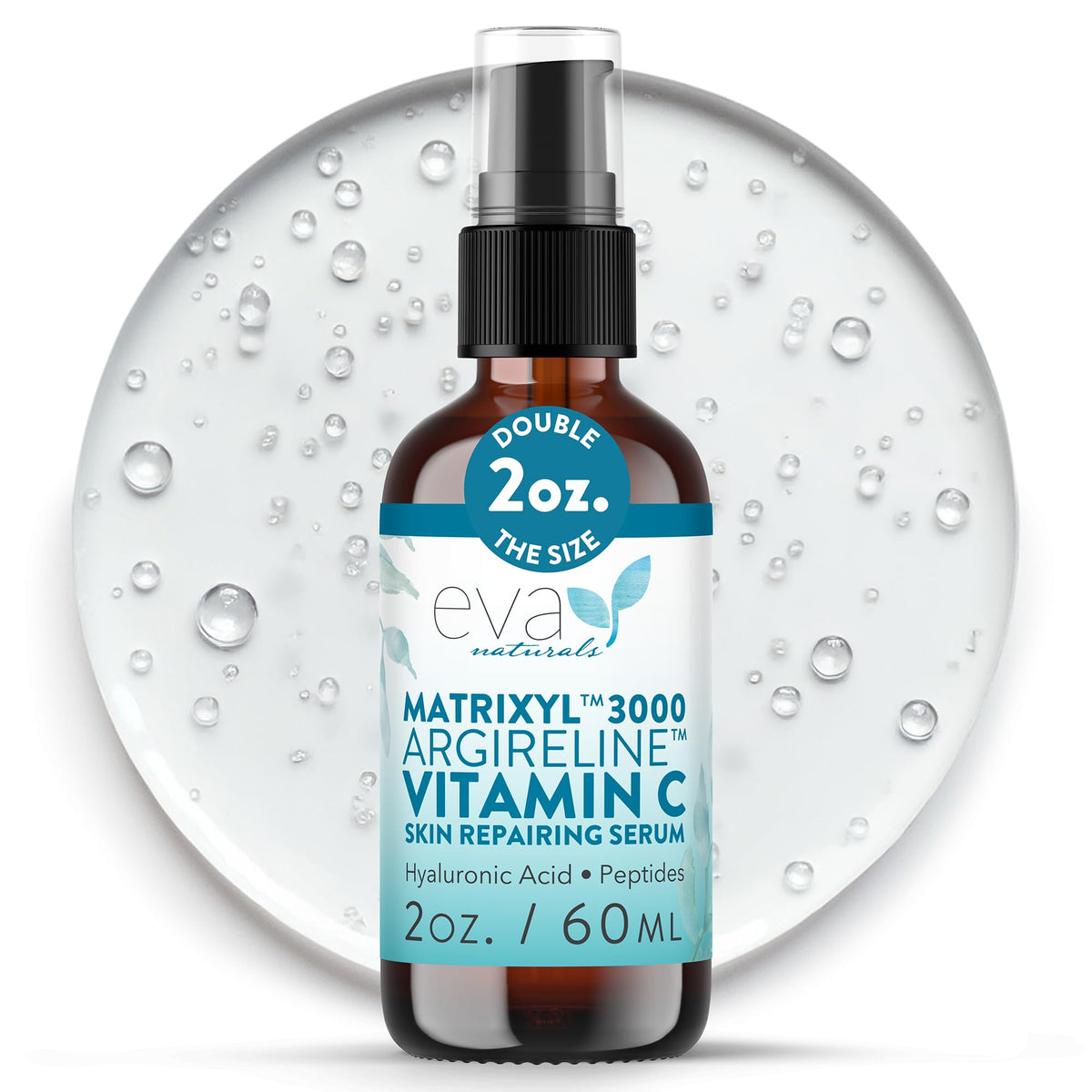 Eva Naturals Matrixyl 3000 + Argireline serum bottle for anti-aging care and fine lines.
