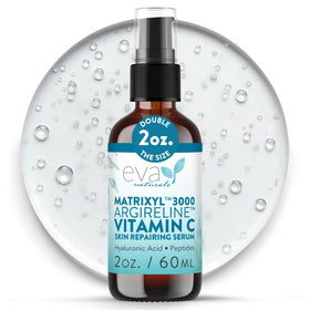 Eva Naturals Matrixyl 3000 + Argireline serum bottle for anti-aging care and fine lines.