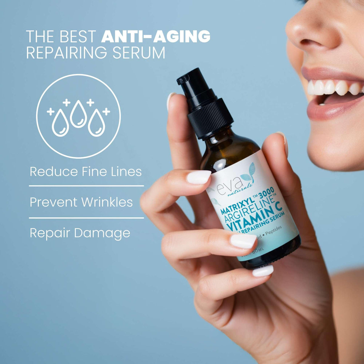 Eva Naturals serum texture on skin to illustrate smoothing hydration.