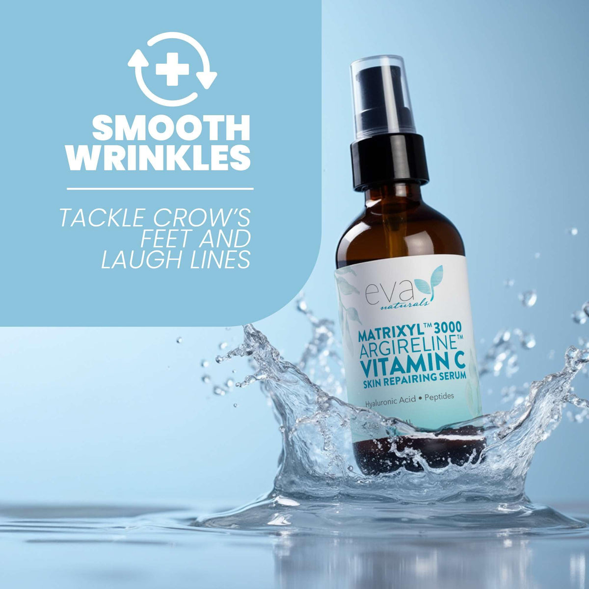 Eva Naturals serum on vanity with plant for natural skincare vibe.