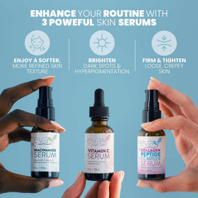 Eva Naturals peptide serum bottle highlighting hydration and firmness support