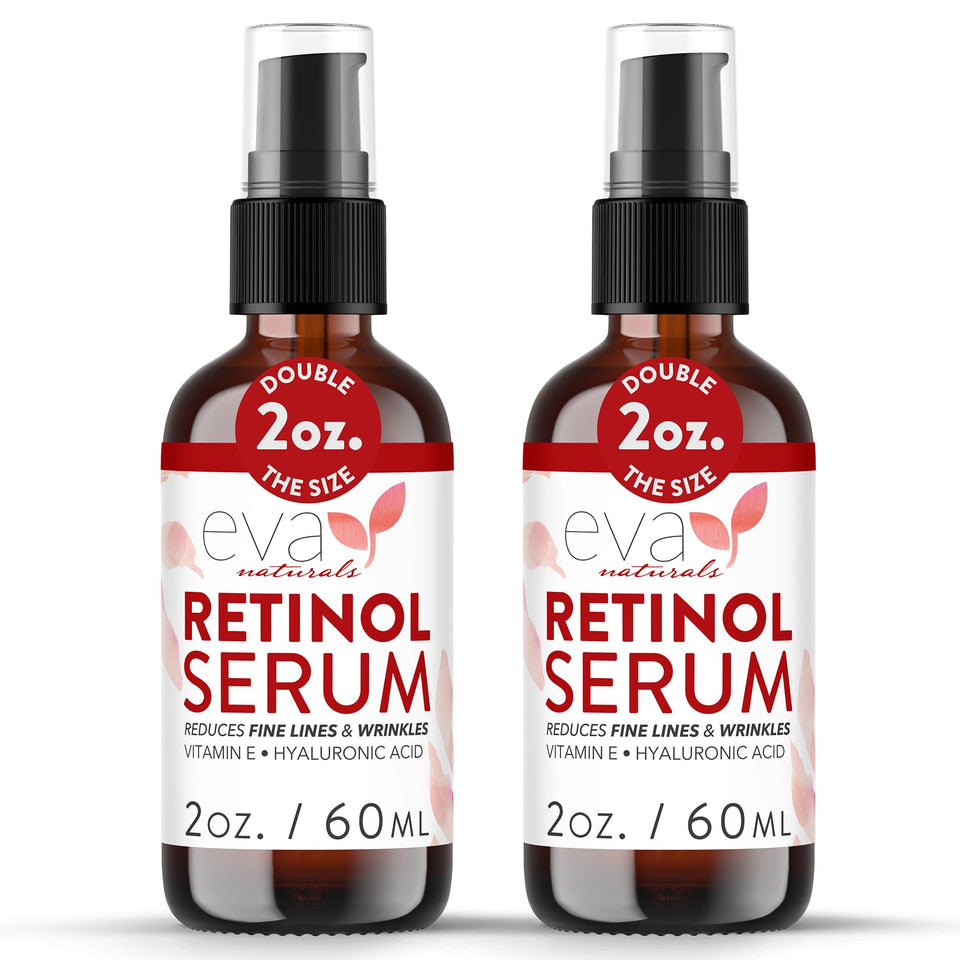 Eva Naturals retinol serum bottle close-up showing sleek packaging for smoother skin prep