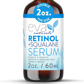 Eva Naturals retinol-squalane serum bottle for nightly anti-aging care.