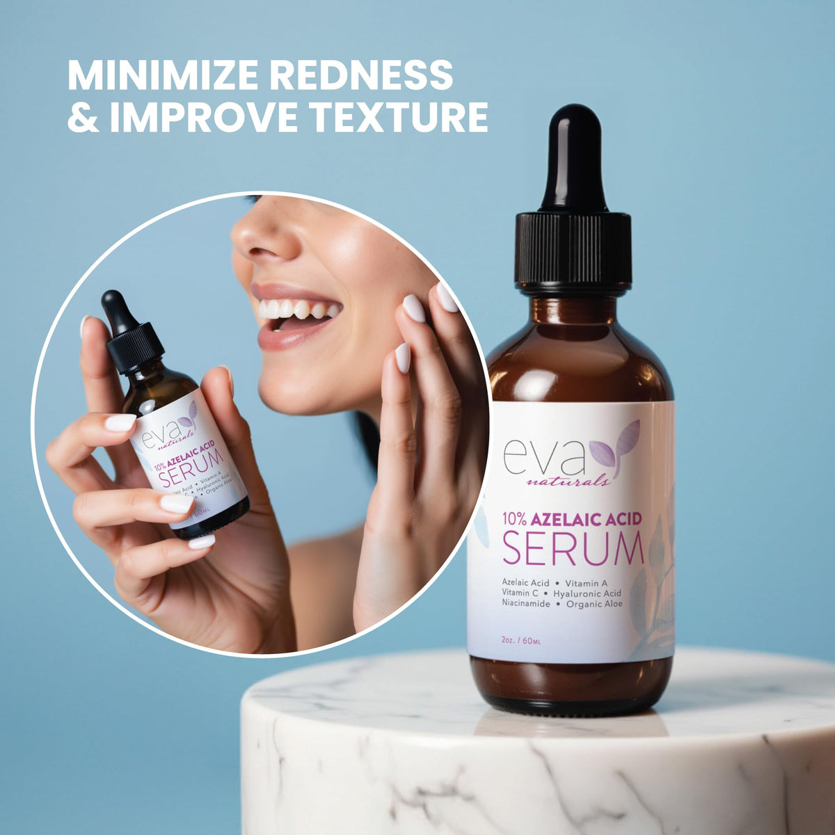 Eva Naturals Serum dispensing pump shown for controlled, precise daily applications.