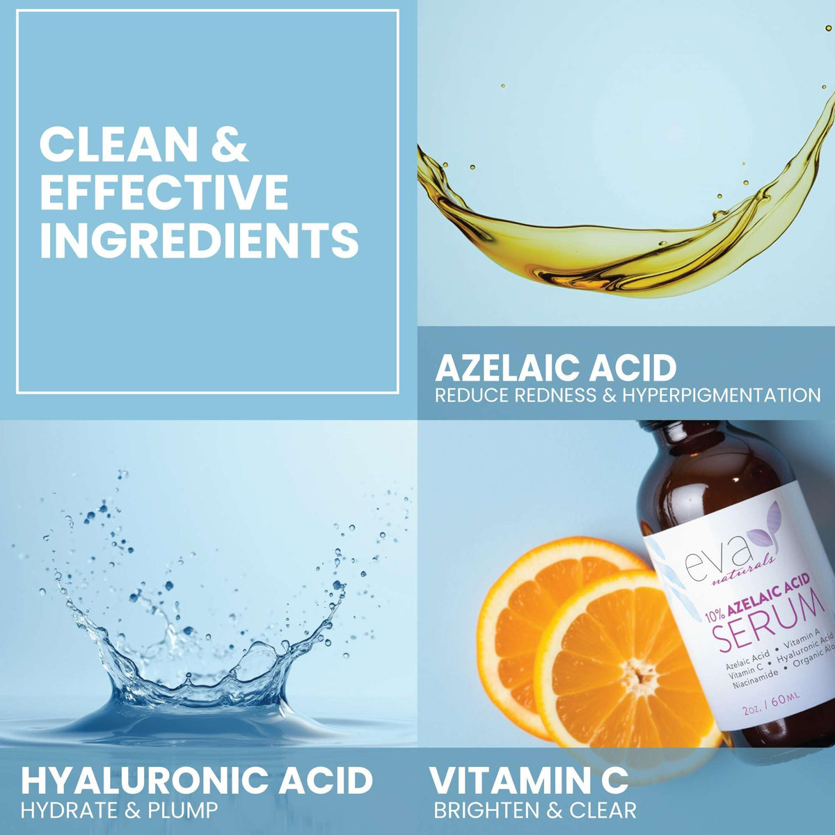 Eva Naturals two-ounce packaging box highlights convenient, ready-to-use cosmetic serum.
