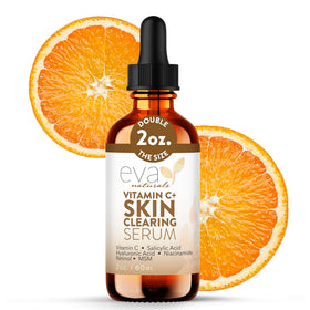 Eva Naturals Vitamin C Serum bottle close-up for brighter, clearer skin daily use.