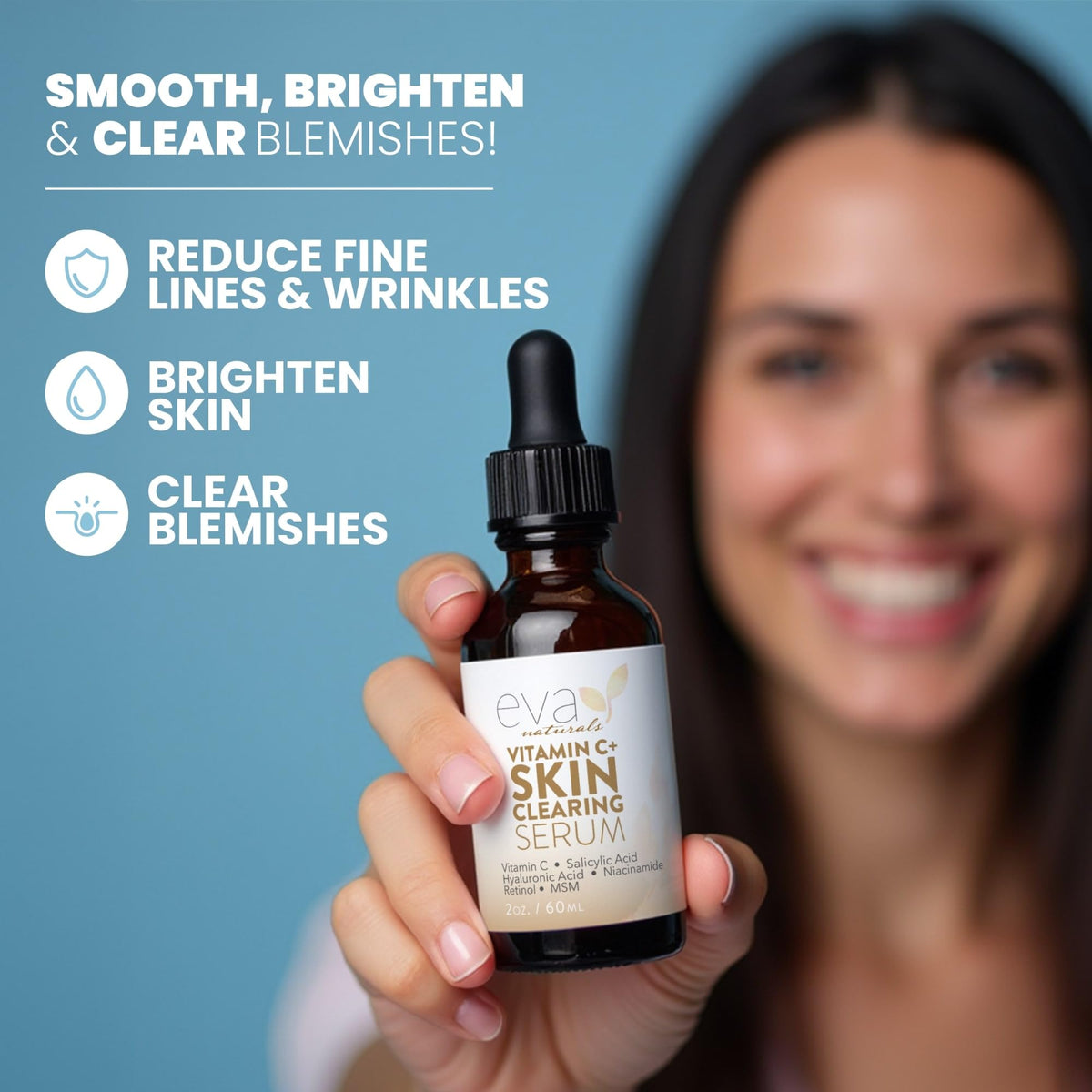 Eva Naturals Vitamin C Serum bottle on vanity illustrates oil control and hydration.