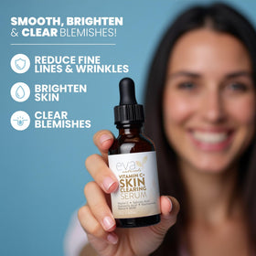 Eva Naturals Vitamin C Serum bottle on vanity illustrates oil control and hydration.