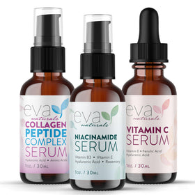 Eva Naturals vitamin C serum bottle showing brightening formula for radiant tone
