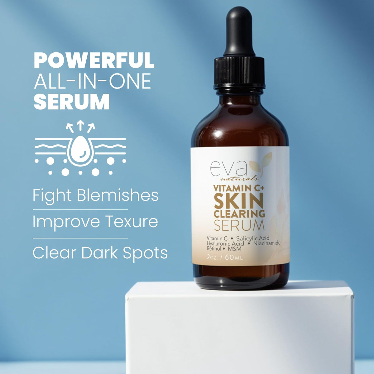 Eva Naturals Vitamin C Serum droplet on skin shows fast absorption for brightening.