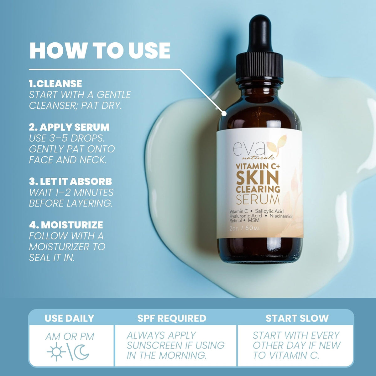 Eva Naturals Vitamin C Serum bottle features retinol and salicylic acid for targeted clarity.