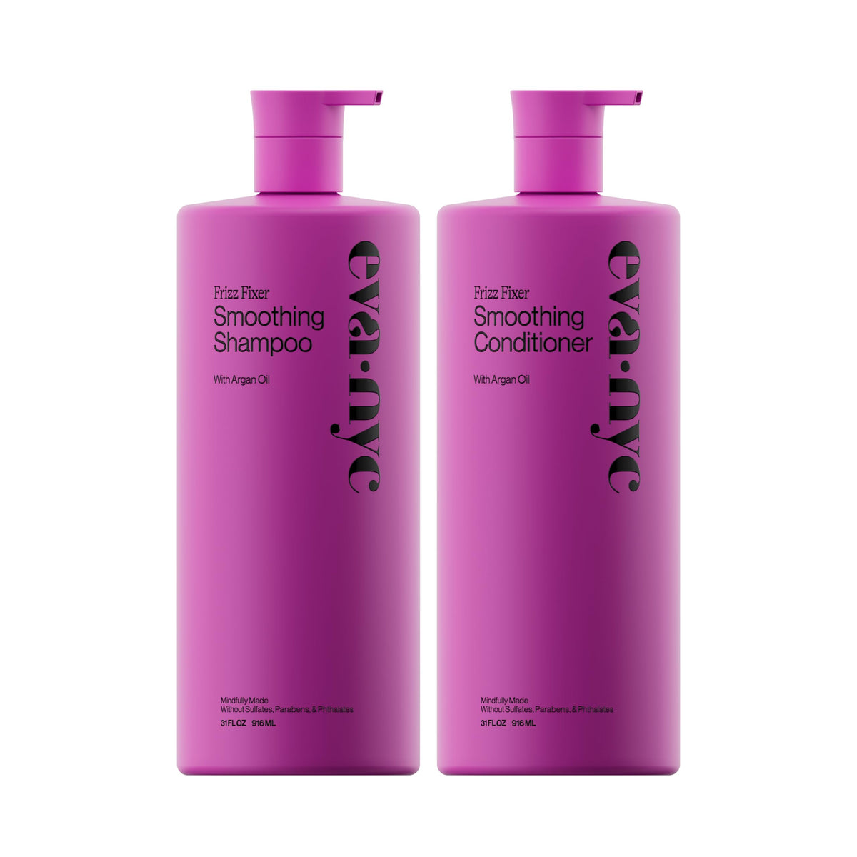 Eva NYC Frizz Fixer Shampoo bottle highlighting smoothing formula for frizz control.