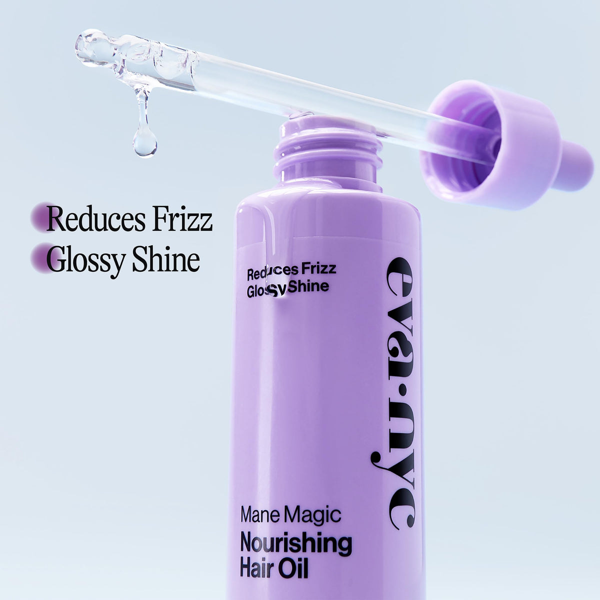 Bottle of EVA NYC Mane Magic Nourishing Hair Oil indicating keratin and color-treated safety.