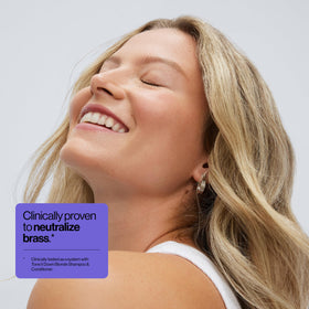 Violet pigment detail in EVA·NYC purple shampoo for brass reduction.