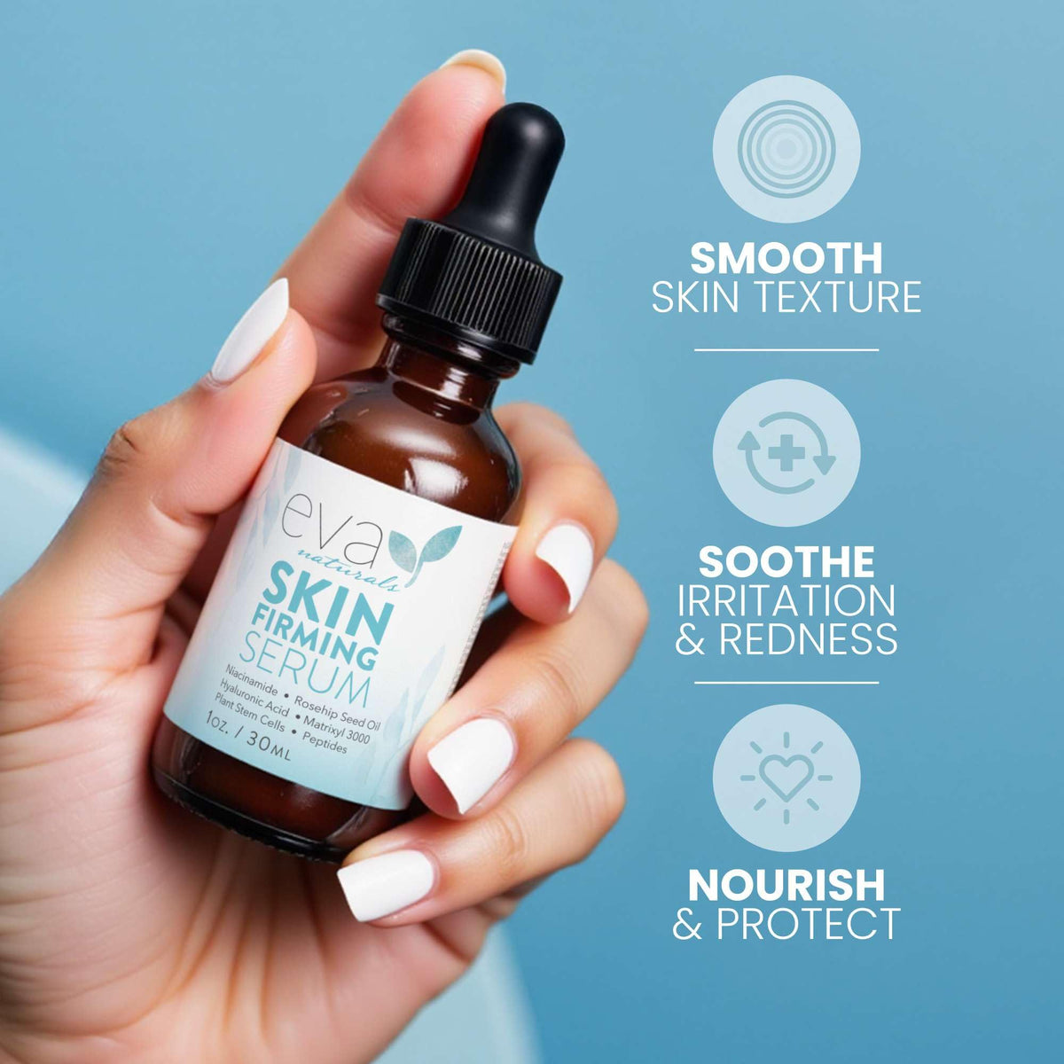 Eva Naturals serum dropper application showcases precise, even hydration for daily use