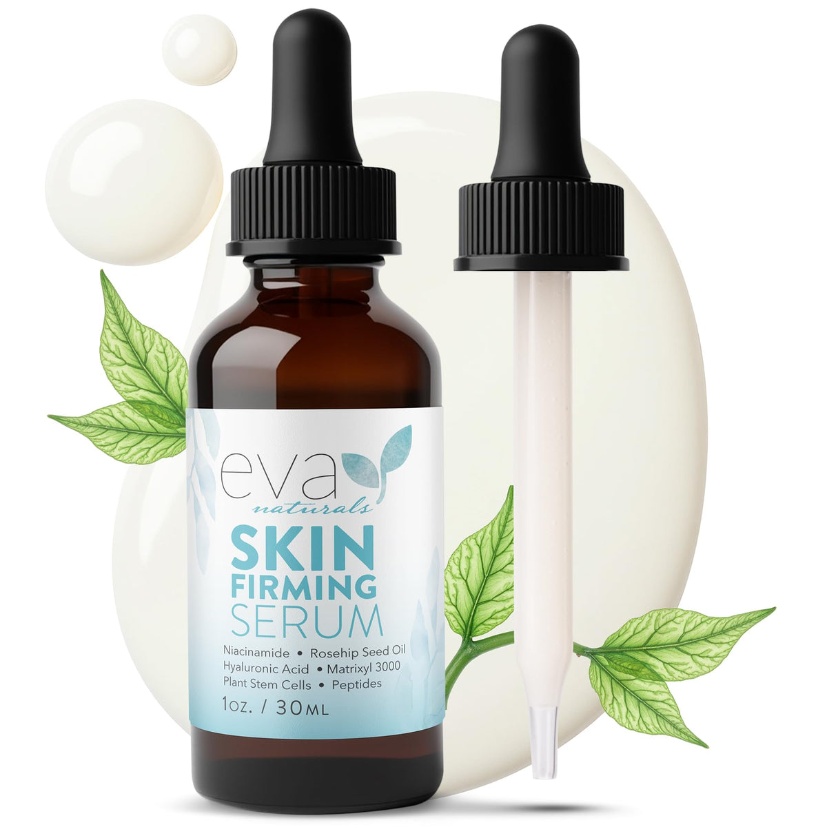 Eva Naturals Skin Firming Serum bottle promotes a firmer-looking complexion with peptide blend