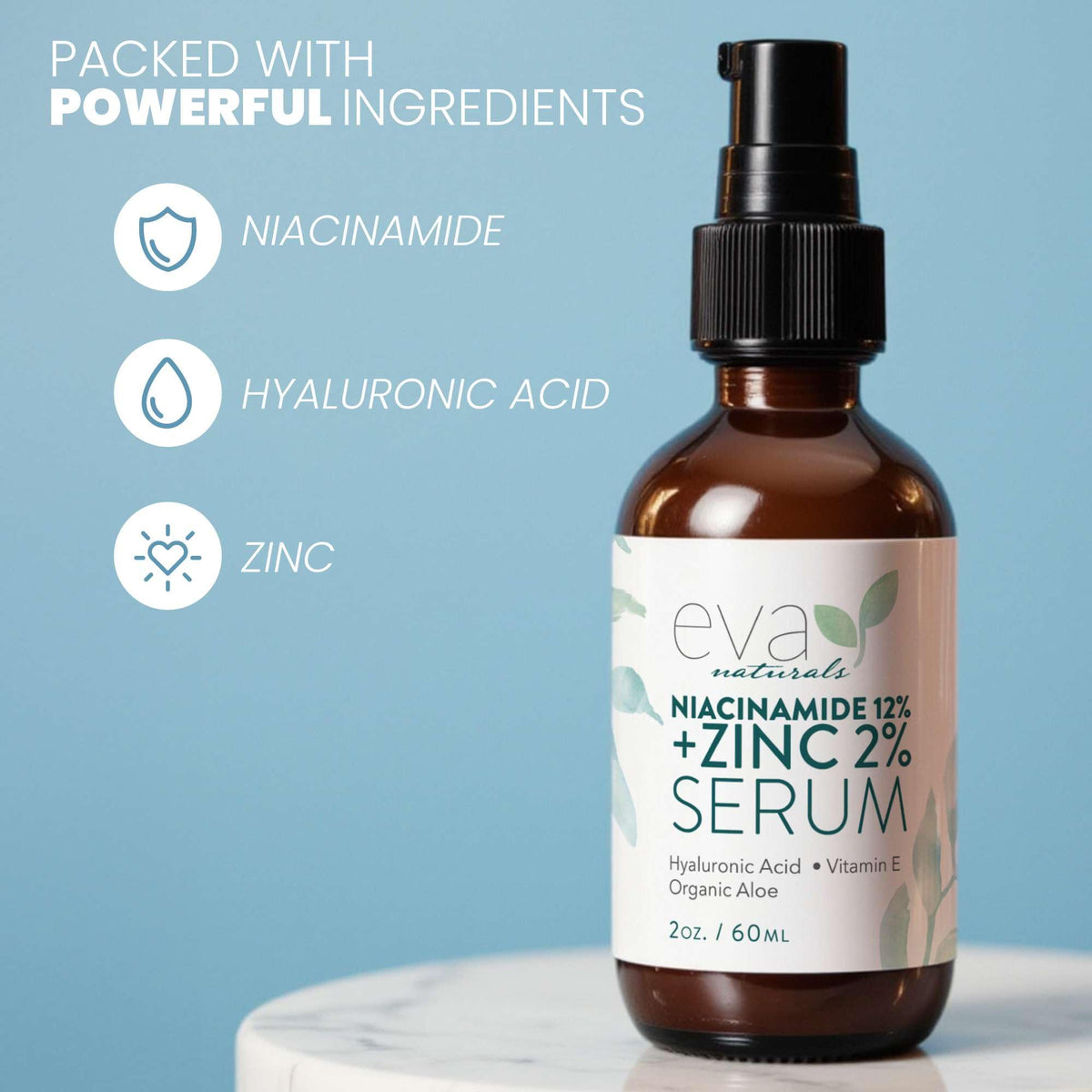 Eva Naturals serum bottle improving skin texture and refinement