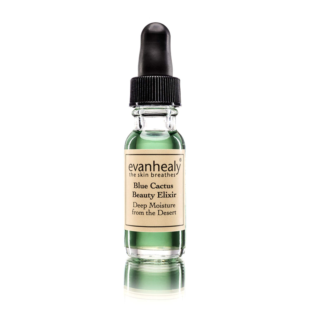 Evanhealy Blue Cactus Elixir bottle conveys calming hydration for all skin types.