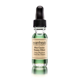 Evanhealy Blue Cactus Elixir bottle conveys calming hydration for all skin types.