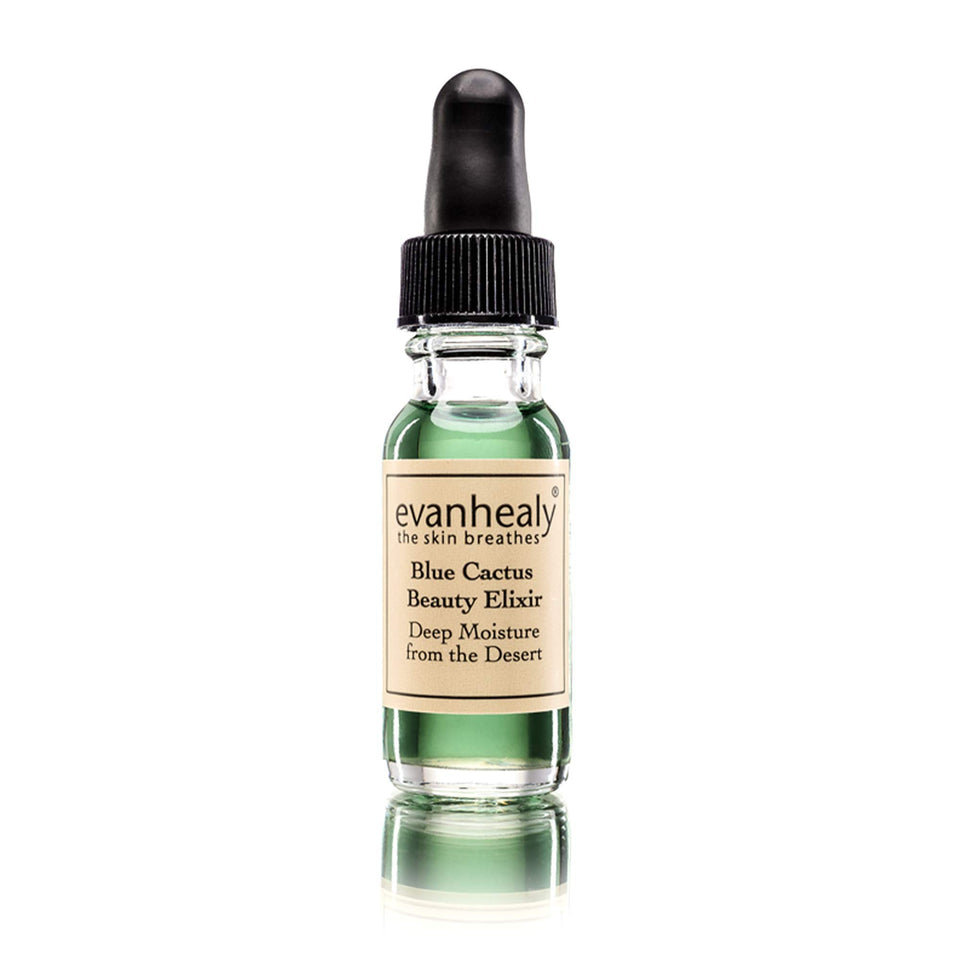 Evanhealy Blue Cactus Elixir bottle conveys calming hydration for all skin types.