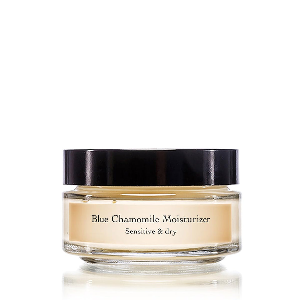 evanhealy Blue Chamomile Moisturizer bottle showing a calming formula for sensitive skin.