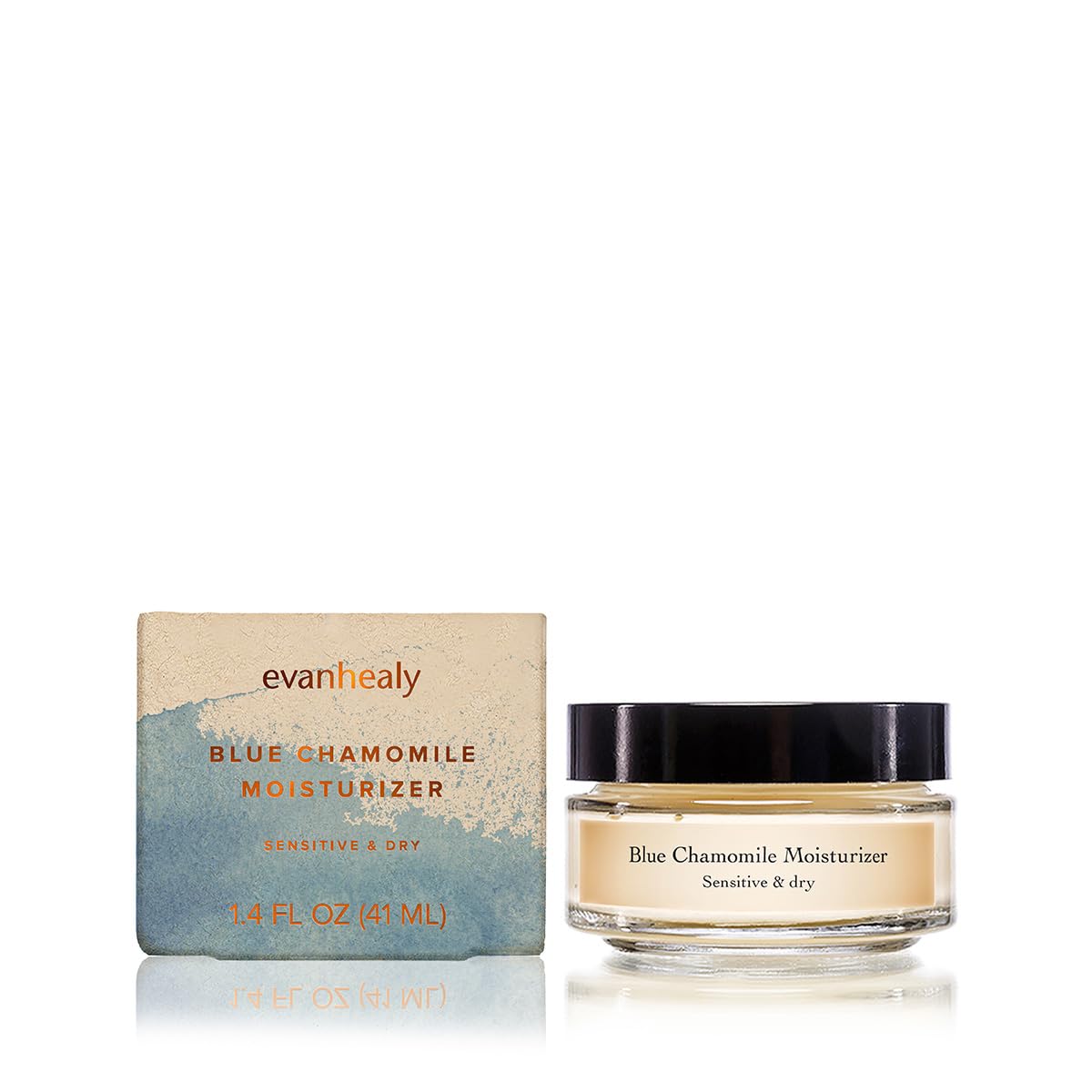 evanhealy Blue Chamomile Moisturizer jar open reveals a creamy, soothing texture.