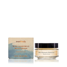 evanhealy Blue Chamomile Moisturizer jar open reveals a creamy, soothing texture.