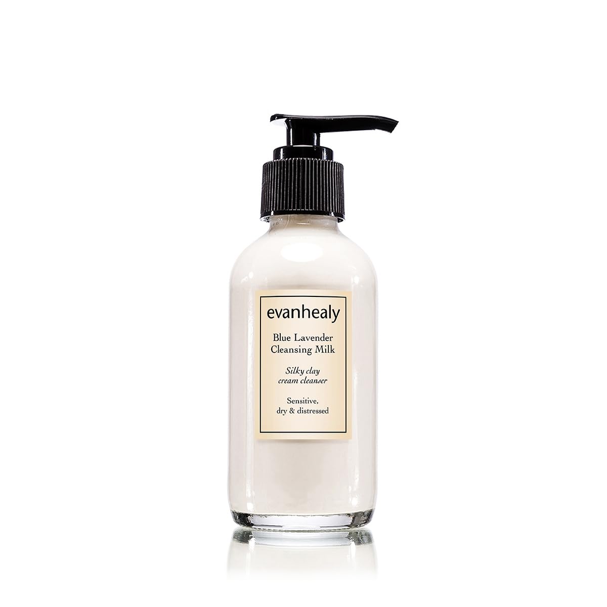 evanhealy blue lavender cleansing milk bottle shows calming lavender aroma for sensitive skin.