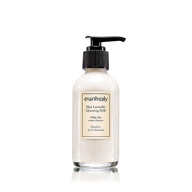 evanhealy blue lavender cleansing milk bottle shows calming lavender aroma for sensitive skin.