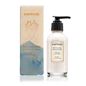 evanhealy blue lavender cleansing milk closeup texture reveals creamy consistency.