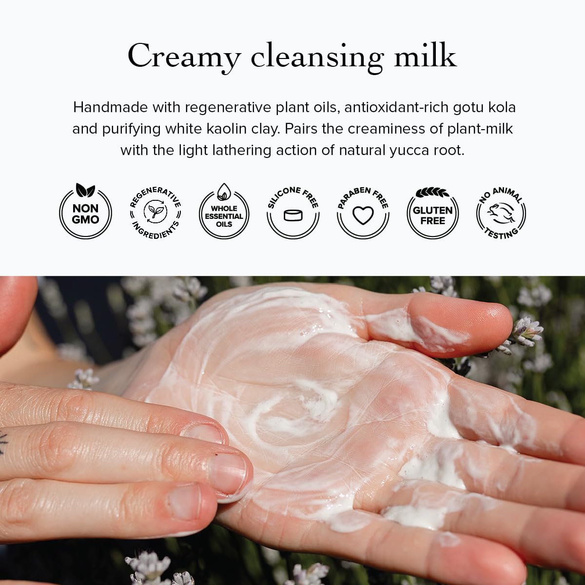 evanhealy blue lavender cleansing milk ingredients visual highlights plant oils and botanicals.