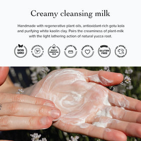 evanhealy blue lavender cleansing milk ingredients visual highlights plant oils and botanicals.