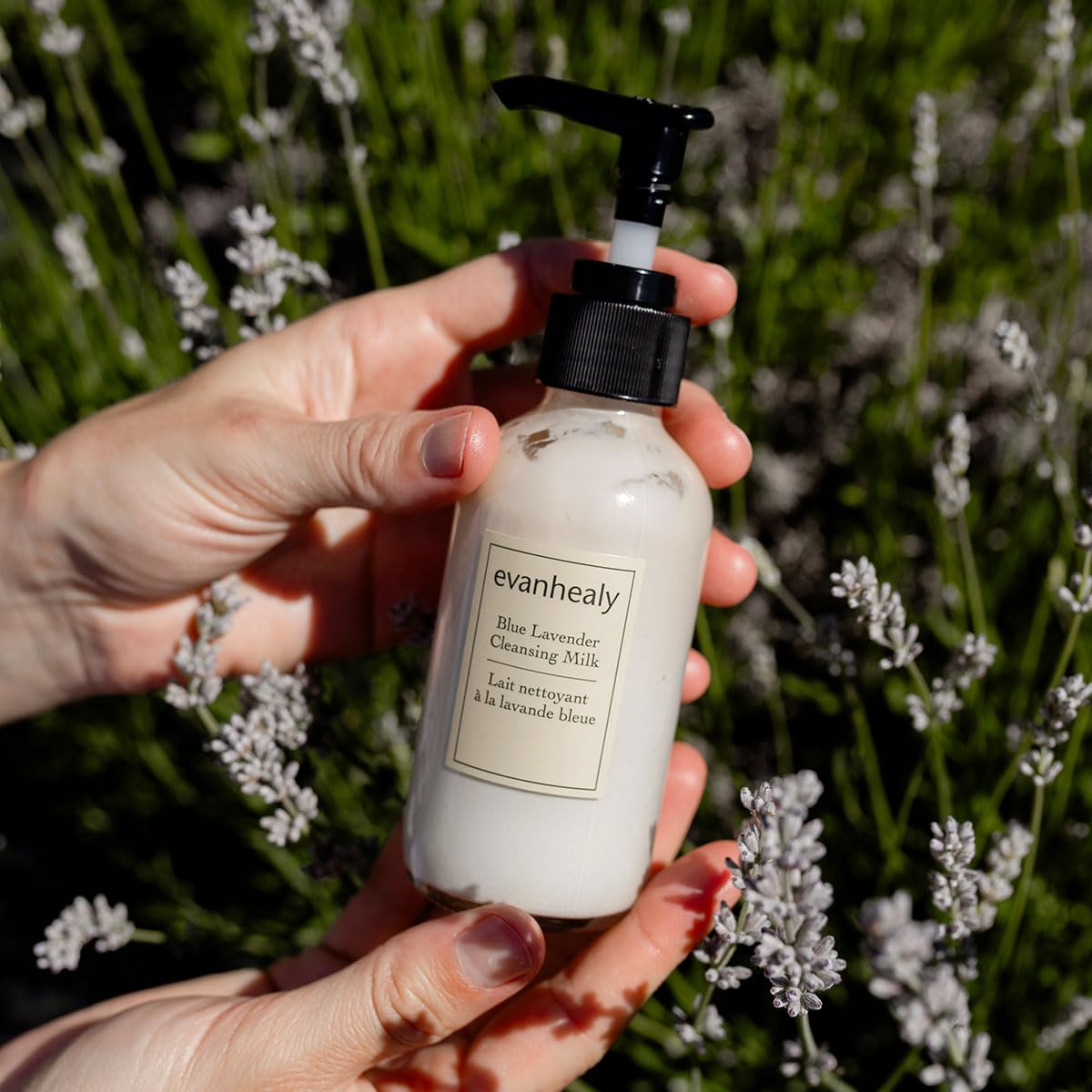 evanhealy blue lavender cleansing milk pump demonstrates easy daily use.
