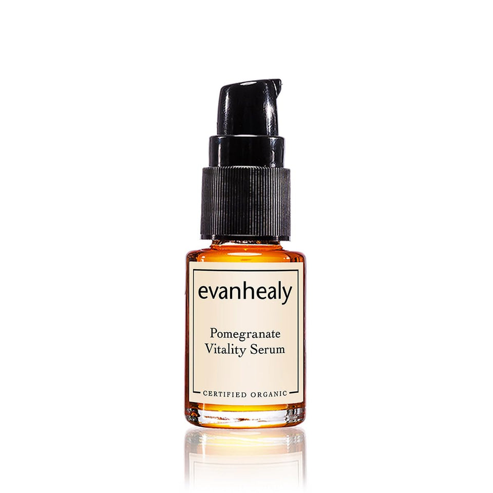 evanhealy Pomegranate Vitality Serum bottle shows luxurious oil for balanced skin