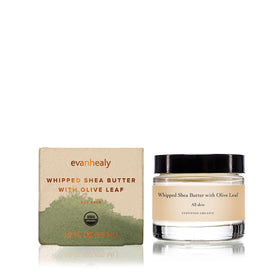 Evanhealy whipped shea butter closeup highlights olive leaf and calendula infusion for gentle care.