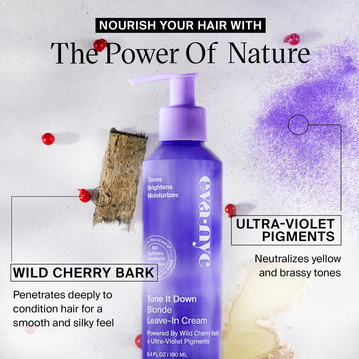 EVANYC ingredients graphic highlighting wild cherry bark and ginger for hydration.